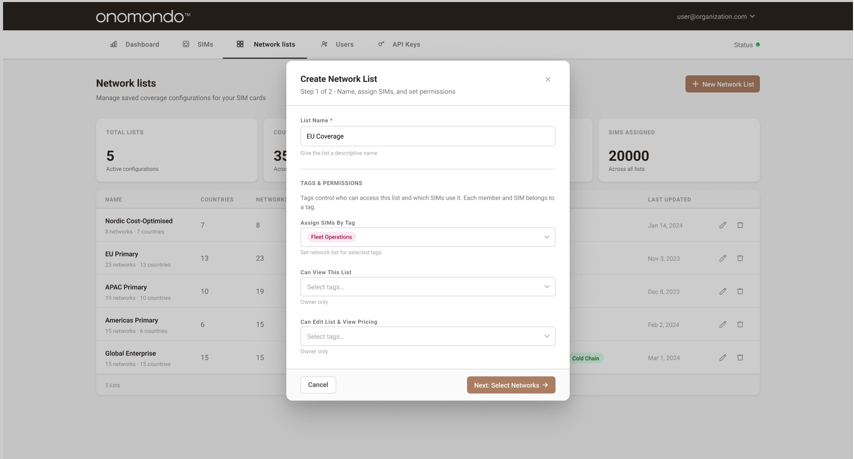 Create Network List modal,Step 1 of 2: name, assign SIMs, and set permissions